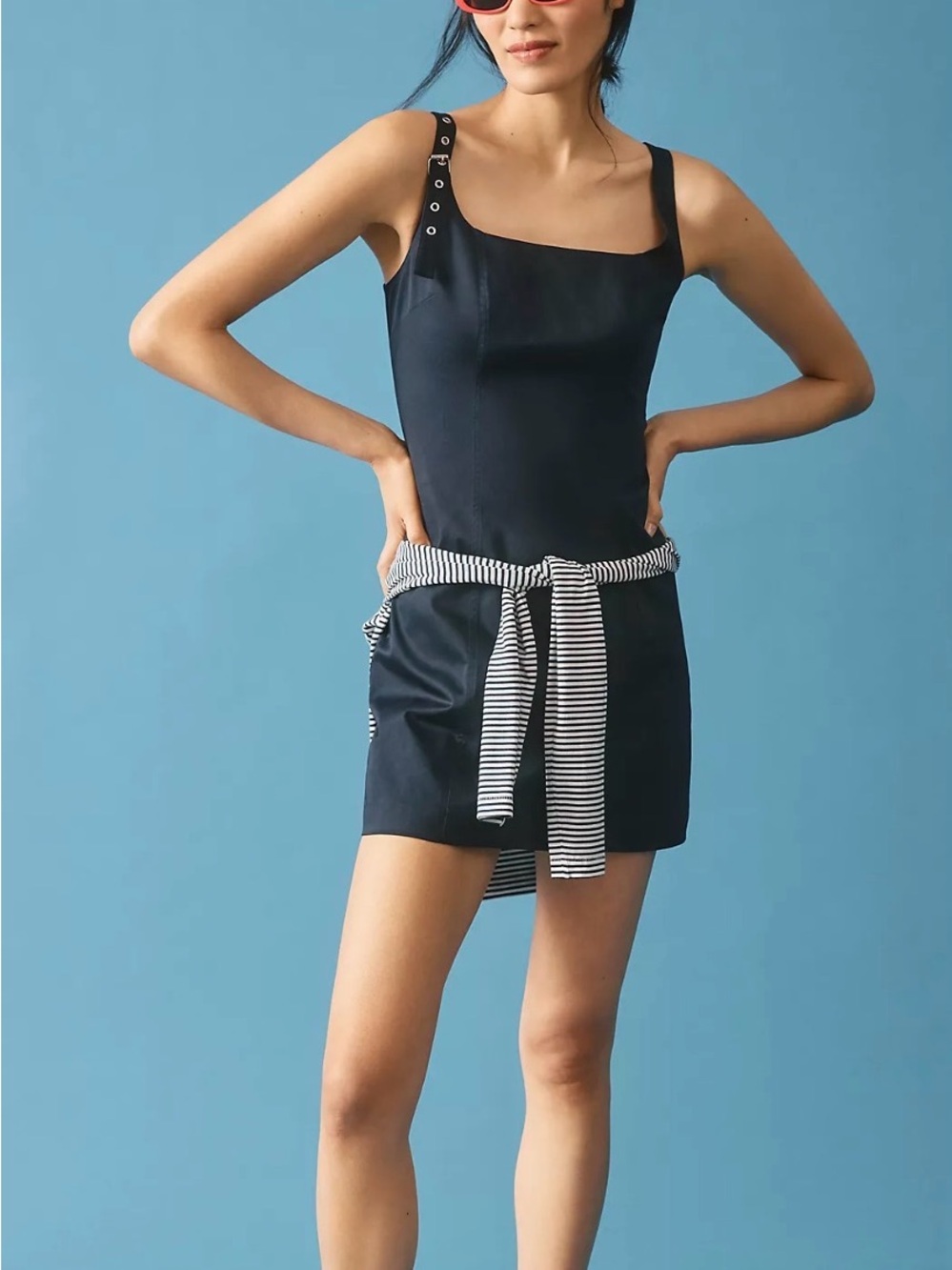Maeve belted shoulder strap navy mini dress, large
